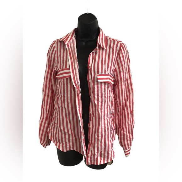 Zara red white striped button down front long sleeve blouse shirt size‎ XS new - Picture 3 of 11
